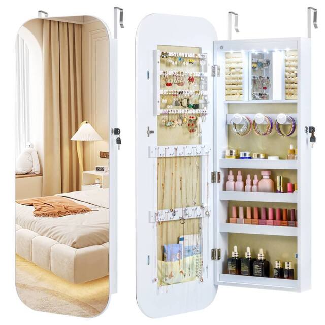 Gymax 6 LEDs Lockable Jewellery Cabinet With Full-Length Rounded Mirror in White - image 1