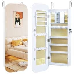 Gymax 6 LEDs Lockable Jewellery Cabinet With Full-Length Rounded Mirror in White - thumbnail 2