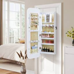 Gymax 6 LEDs Lockable Jewellery Cabinet With Full-Length Rounded Mirror in White - thumbnail 4