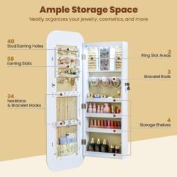Gymax 6 LEDs Lockable Jewellery Cabinet With Full-Length Rounded Mirror in White - thumbnail 7