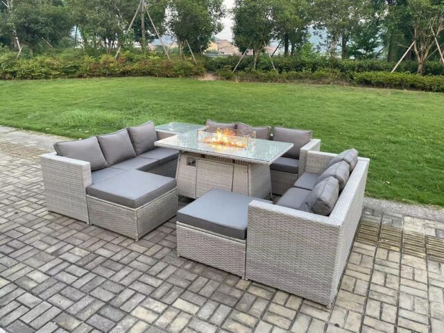 Fimous 11 Seater Outdoor Garden Dining Sets Rattan Furniture Gas Fire Pit Dining Table Gas Heater with Side Table in Light Grey - image 1