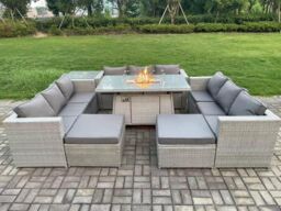 Fimous 11 Seater Outdoor Garden Dining Sets Rattan Furniture Gas Fire Pit Dining Table Gas Heater with Side Table in Light Grey - thumbnail 3