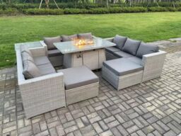 Fimous 11 Seater Outdoor Garden Dining Sets Rattan Furniture Gas Fire Pit Dining Table Gas Heater with Side Table in Light Grey - thumbnail 4