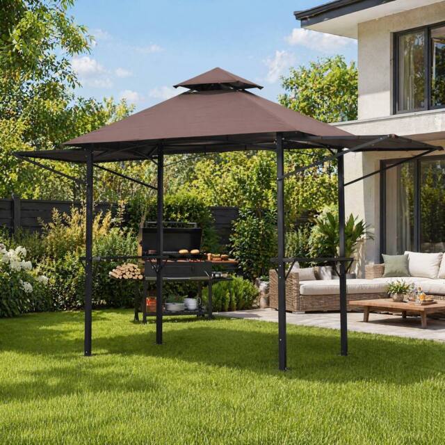 STILVORA BBQ Gazebo with Side Awnings & Shelves in Brown - image 1