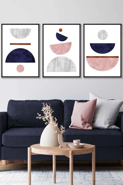 ARTZE Navy, Pink & Grey Abstract Mid Century Geometric Framed Wall Art - Large in Black - Size: W53 cm x H73 cm x D20mm - image 1