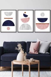ARTZE Navy, Pink & Grey Abstract Mid Century Geometric Framed Wall Art - Large in Black - Size: W53 cm x H73 cm x D20mm - thumbnail 1