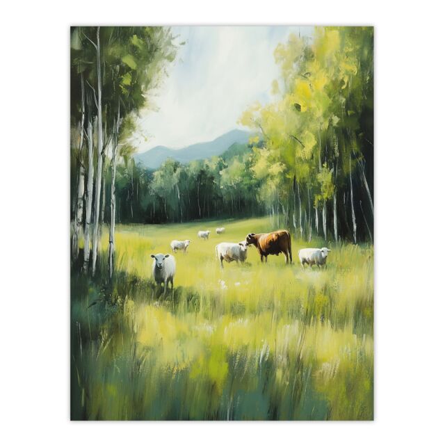 "Artery8 Sheep Cows Grazing Countryside Field Painting Wall Art Print in Green - Size: W12"" x H16""" - image 1