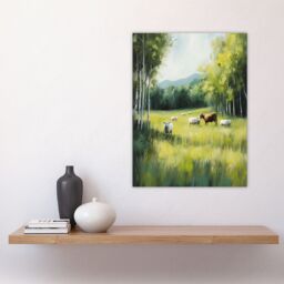 "Artery8 Sheep Cows Grazing Countryside Field Painting Wall Art Print in Green - Size: W12"" x H16""" - thumbnail 4