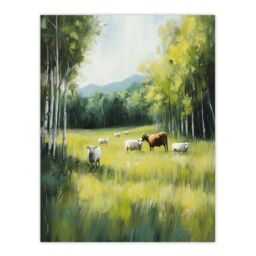 "Artery8 Sheep Cows Grazing Countryside Field Painting Wall Art Print in Green - Size: W12"" x H16""" - thumbnail 1