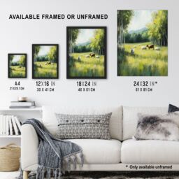 "Artery8 Sheep Cows Grazing Countryside Field Painting Wall Art Print in Green - Size: W12"" x H16""" - thumbnail 3