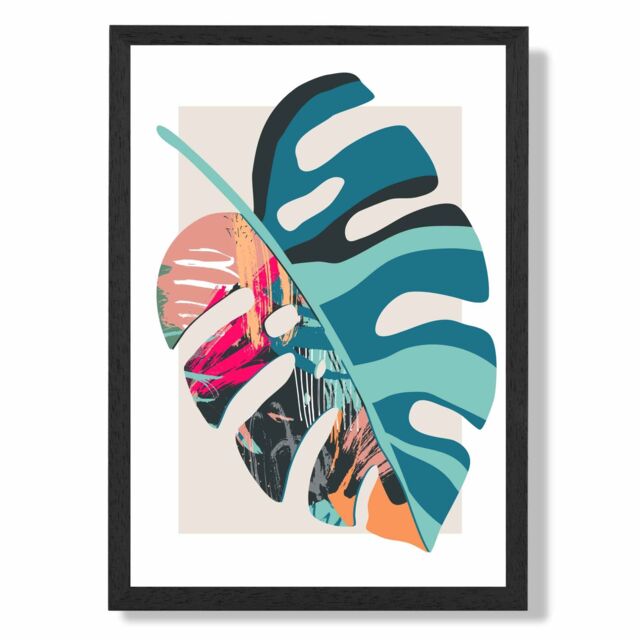 ARTZE Monstera Blue & Pink Boho Botanical Framed Print SIZE: A4 with Black Frame in Mid Blue - image 1