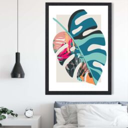 ARTZE Monstera Blue & Pink Boho Botanical Framed Print SIZE: A4 with Black Frame in Mid Blue - thumbnail 2
