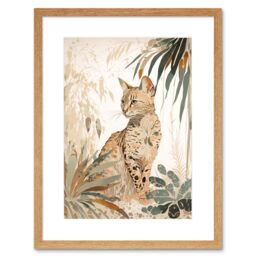 "Artery8 Wall Art Print Savannah Cat with Colourful Fur Pattern in Nature Modern Watercolour Artwork Framed 9X7 Inch in Beige - Size: W7"" x H9""" - thumbnail 1