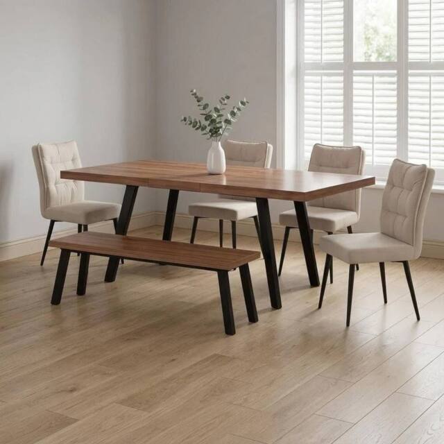 FURNITURE ONE 6-Piece Dining Set, Expandable Dining Table with 4 Chairs & Bench in Beige - Size: 6 Person - image 1