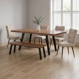 FURNITURE ONE 6-Piece Dining Set, Expandable Dining Table with 4 Chairs & Bench in Beige - Size: 6 Person