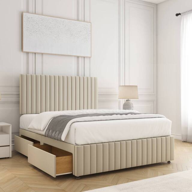 "BSSPOKE Emma Divan Bed Plush Velvet 24""Headboard & 2Drawers Same Side Mattress in Cream - Size: Small Double" - image 1