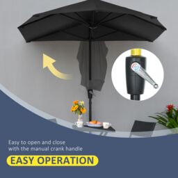 OUTSUNNY 2m Half Garden Parasol Market Umbrella w/ Crank Handle, Base in Black - thumbnail 5