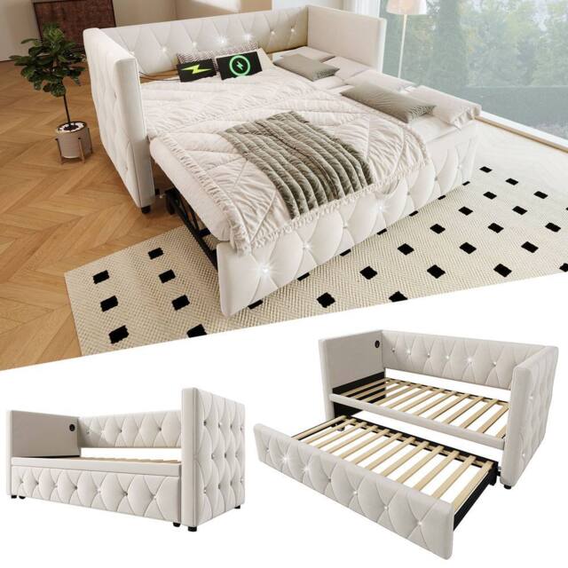 Matteo Velvet Daybed - Pull-Out Trundle & USB Charging - Sofa Bed in Beige - Size: Single - image 1