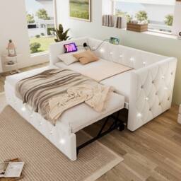 Matteo Velvet Daybed - Pull-Out Trundle & USB Charging - Sofa Bed in Beige - Size: Single - thumbnail 9