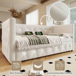 Matteo Velvet Daybed - Pull-Out Trundle & USB Charging - Sofa Bed in Beige - Size: Single - thumbnail 3