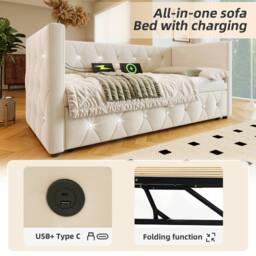 Matteo Velvet Daybed - Pull-Out Trundle & USB Charging - Sofa Bed in Beige - Size: Single - thumbnail 4