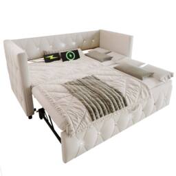 Matteo Velvet Daybed - Pull-Out Trundle & USB Charging - Sofa Bed in Beige - Size: Single - thumbnail 8