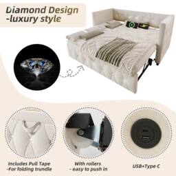 Matteo Velvet Daybed - Pull-Out Trundle & USB Charging - Sofa Bed in Beige - Size: Single - thumbnail 5