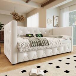 Matteo Velvet Daybed - Pull-Out Trundle & USB Charging - Sofa Bed in Beige - Size: Single - thumbnail 7