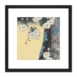 Artery8 Hiroshige Mossy Trunk & Cherry Blossoms 8X8 Inch Square Wooden Framed Wall Art Print Picture with Mount in Black - thumbnail 1