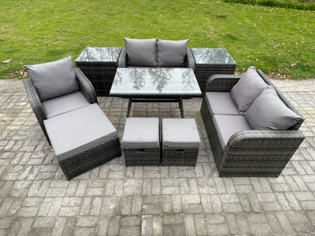 Fimous 8 Seater Outdoor Garden Dining Sets Rattan Furniture With Dining Table Armchairs Love Sofa 3 Footstools 2 Side Tables Dark Grey Mixed - image 1
