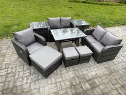 Fimous 8 Seater Outdoor Garden Dining Sets Rattan Furniture With Dining Table Armchairs Love Sofa 3 Footstools 2 Side Tables Dark Grey Mixed - thumbnail 2