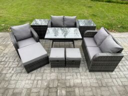 Fimous 8 Seater Outdoor Garden Dining Sets Rattan Furniture With Dining Table Armchairs Love Sofa 3 Footstools 2 Side Tables Dark Grey Mixed - thumbnail 1