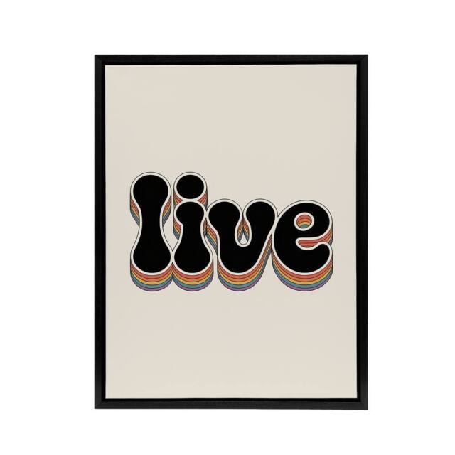 "Artery8 Live Colourful Retro Rainbow Font Typography Framed Canvas Wall Art in Beige - Size: W12"" x H16""" - image 1