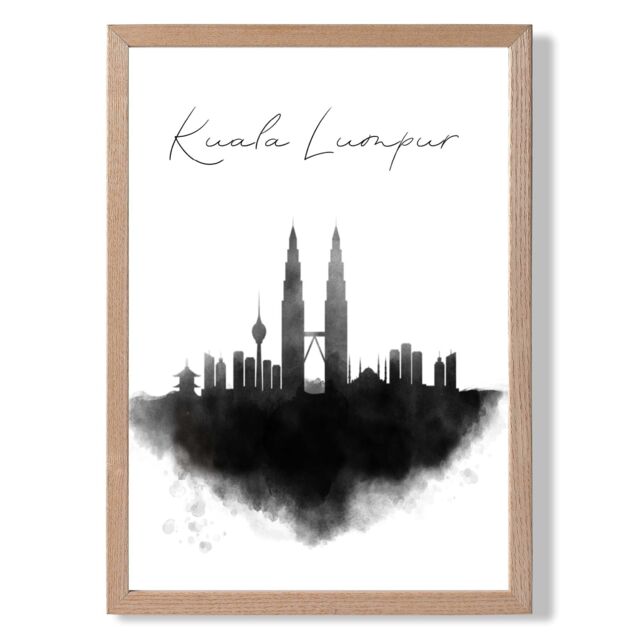 ARTZE Kuala Lumpur Watercolour Skyline City Framed Print SIZE: A3 with Oak Frame in Black - Size: A4 - image 1