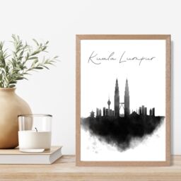 ARTZE Kuala Lumpur Watercolour Skyline City Framed Print SIZE: A3 with Oak Frame in Black - Size: A4 - thumbnail 2
