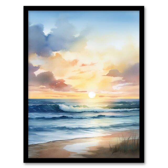 Artery8 Wall Art Print Watercolour Waves Deserted Beach Seascape Art Framed in Blue - Size: A4 - image 1