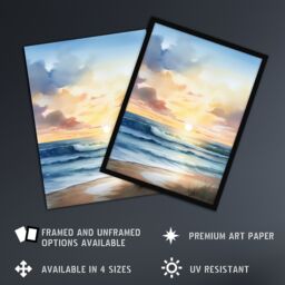 Artery8 Wall Art Print Watercolour Waves Deserted Beach Seascape Art Framed in Blue - Size: A4 - thumbnail 2