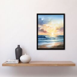 Artery8 Wall Art Print Watercolour Waves Deserted Beach Seascape Art Framed in Blue - Size: A4 - thumbnail 4