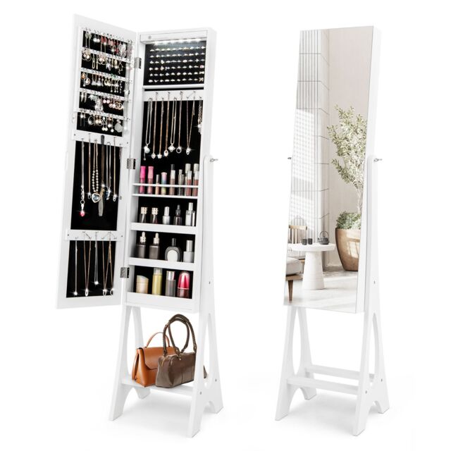 Costway Freestanding Full Length Mirror Jewelry Cabinet w/ Built-in LED in White - image 1