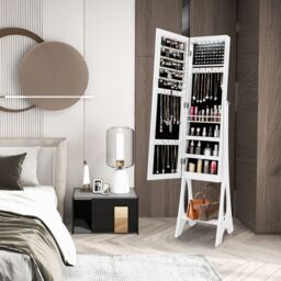 Costway Freestanding Full Length Mirror Jewelry Cabinet w/ Built-in LED in White - thumbnail 2
