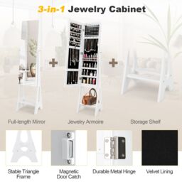 Costway Freestanding Full Length Mirror Jewelry Cabinet w/ Built-in LED in White - thumbnail 3
