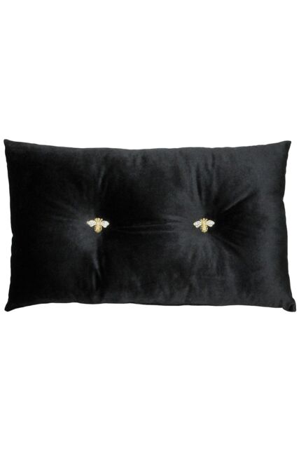 Paoletti Bumble Bee Embroidered Buttoned Velvet Ready Filled Cushion in Black - Size: 30 cm x 50 cm - image 1