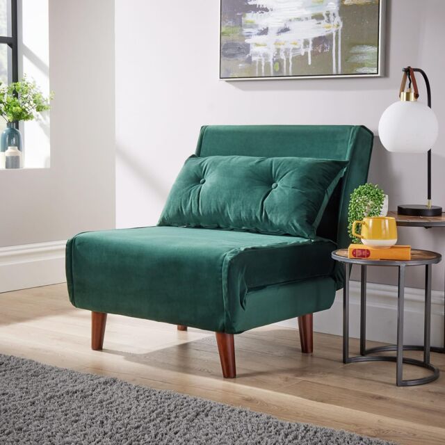 Home Source Double Sofa Bed Folding Chair Velvet Wooden Legs Two Pillow Home in Bottle Green - image 1