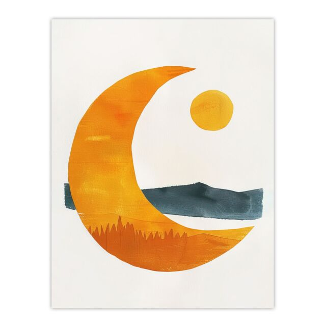 "Artery8 Abstract Crescent Moon Sun Sea Orange Blue Boho Wall Art Print in Yellow - Size: W12"" x H16""" - image 1