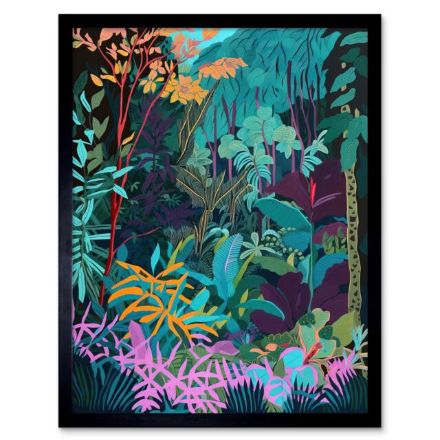 "Artery8 Wall Art Print Tropical Jungle Forest Vibrant Colour Art Framed in Black - Size: W12"" x H16""" - image 1