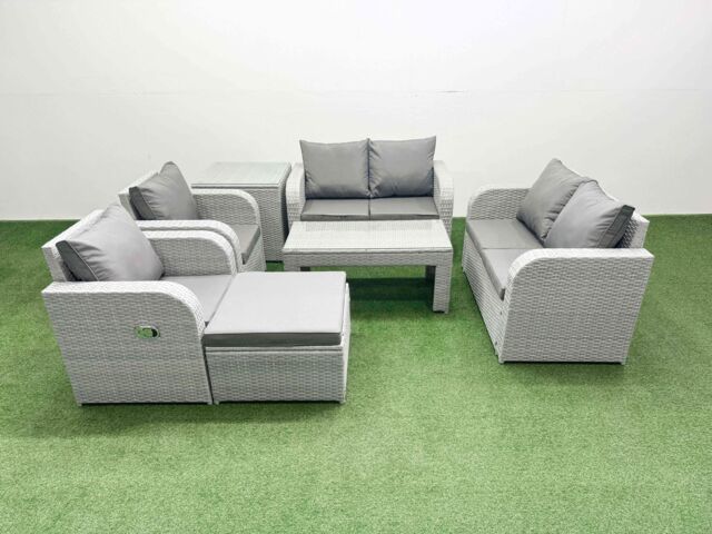 Fimous 7 Seater Outdoor Reclining Chair Love Sofa Set Rattan Garden Furniture Set with Oblong Coffee Table Footstool Side Table Light Grey - image 1