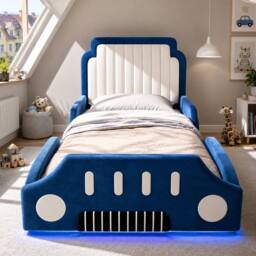 Matteo Kids Racing Car Bed Blue Velvet Upholstered Kids Bed Frame - Size: Single - thumbnail 2