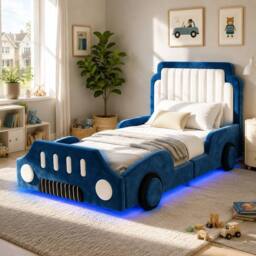 Matteo Kids Racing Car Bed Blue Velvet Upholstered Kids Bed Frame - Size: Single