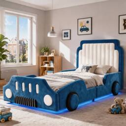 Matteo Kids Racing Car Bed Blue Velvet Upholstered Kids Bed Frame - Size: Single - thumbnail 6