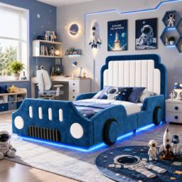 Matteo Kids Racing Car Bed Blue Velvet Upholstered Kids Bed Frame - Size: Single - thumbnail 4